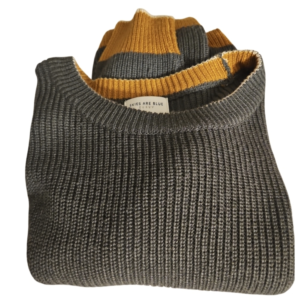 Skies Are Blue Curvy 1X Olive Green Ribbed Sweater Mustard Accents Fall Knit - Picture 14 of 15